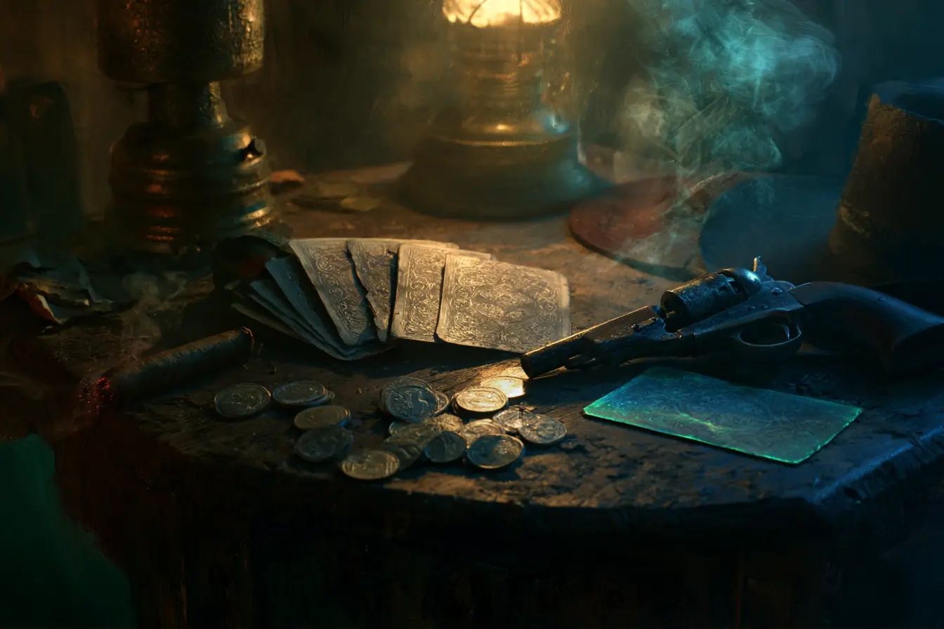 A fanned hand of strange engraved cards facedown on a saloon table, beside a pepperbox pistol and silver.