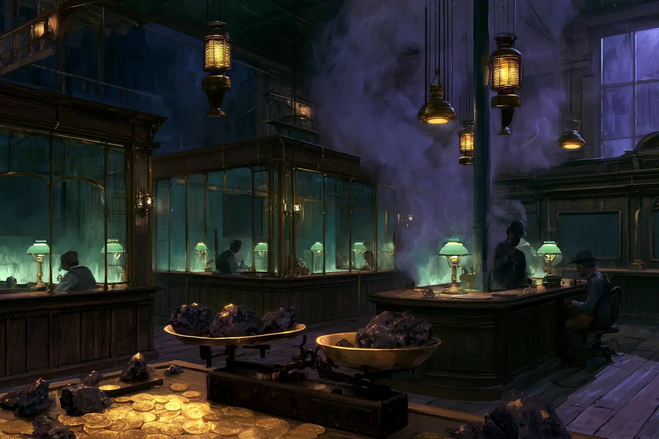 A Victorian commodity exchange: brass teller cages, clerks under green-shaded lamps, ore on a scale.