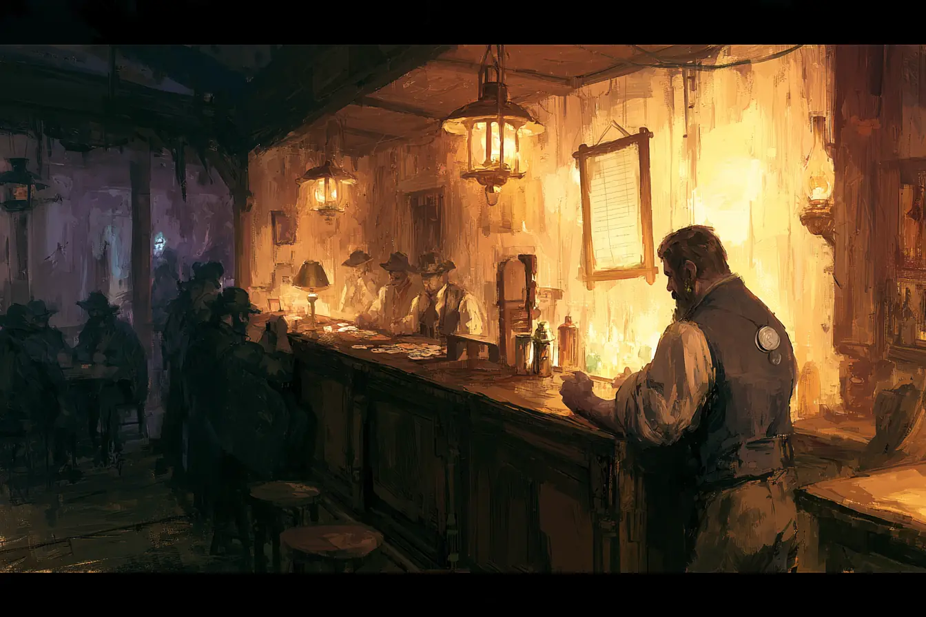 A warm saloon interior: a broad barkeep mid-story behind a long oak bar, patrons in dusters at cards.