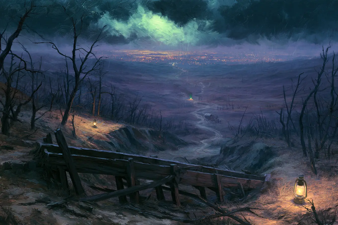 A dry gulch with an abandoned sluice, a wagon trail winding toward far-off town lights.